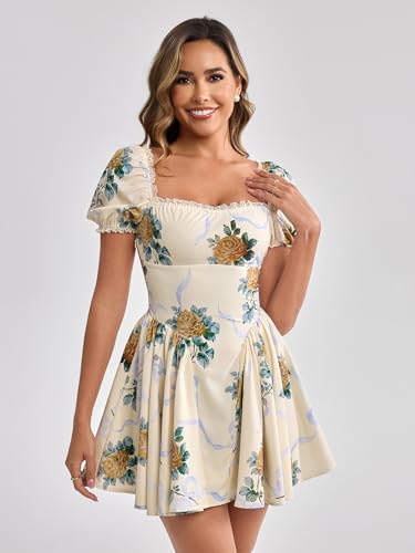 Image of Parthea Women's Floral Square Neck Mini Dress Lace Puff Sleeve Off Shoulder Smocked Flowy A Line Summer Dresses for 2026