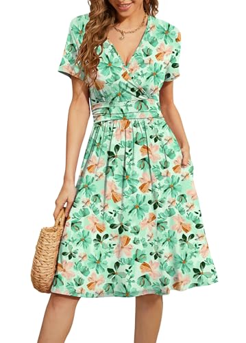 Image of WEACZZY Women's Summer Short Sleeve Casual Dresses V-Neck Floral Party Dress with Pockets