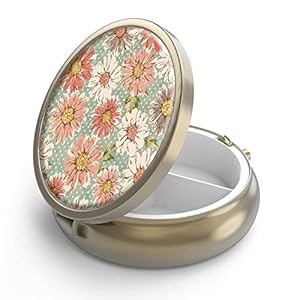 Pillendoosje Pillendoosje met Spiegel Retro 3 Compartiment Kleine Pillendoos Brons Kleine Roud Pillendoosje of Vitaminen, Visolie, Supplementen, Pillendoosje(Retro bloemen)