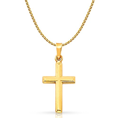 14K Yellow Gold Cross Pendant with 1.7mm Flat Open Wheat Chain Chain Necklace