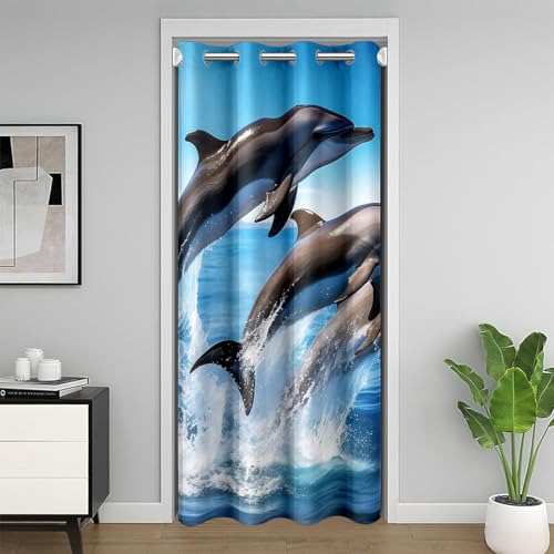 Rideau de Porte Imprimé Dauphin 3D pour L'Intimité de La Porte,Rideau D'Occultation Des Animaux Marins,Rideau de Porte Vague Bleu,Rideau de Séparation de...