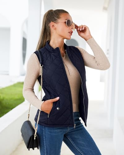 Argstar C19BEM Women'S Quilted Puffer Vest With 4 Pockets, Stand Collar Lightweight Zip Padded Outerwear Gilet Dark Blue Medium thumb #1