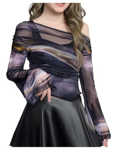 GORGLITTER Girl's Mesh Off The Shoulder Tops Tie Dye Ruched Bell Sleeve Going Out Tee Shirts