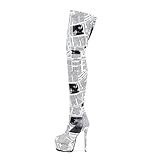 LINMUYOUJIA White Black Thigh high boots Women's leopard Zebra Print Lime green Stiletto heel Platform Newspaper Over the knee Round toe Side back zipper Sexy unisex high heels-Newspaper print-39