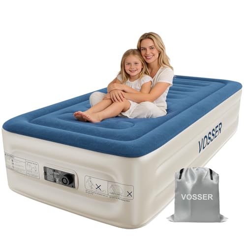 VOSSER Twin Air Mattress with Built-in Pump,Fast & Easy Inflation/Deflation Inflatable Mattress, Foldable Blow Up Mattress with Storage Bag, Inflatable Bed for Home, Camping & Guests