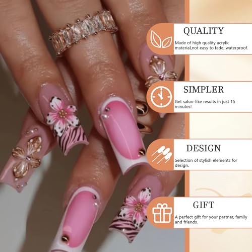 GlamRays Pack of 24 Y2K Pink Leopard Flowers 3D Glitter Stripes Long Coffin Nail Tips - Image 4