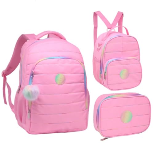 Mochila De Costas Escolar Juvenil 18” Estampa Liso Feminina Com Lancheira Térmica E Estojo (ROSA)