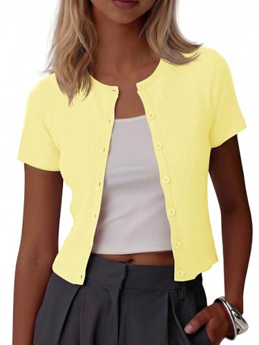 Image of Imily Bela Womens Short Sleeve Sweater Tops Summer Button Down Casual Ribbed Knit Slim Fit Cropped Cardigan Shirts