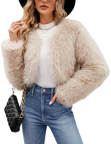 Arssm Womens Faux Fur Coat Furry Cropped Jacket Long Sleeve Open Front Parka Crop Fur Coats Shaggy Winter Outerwear