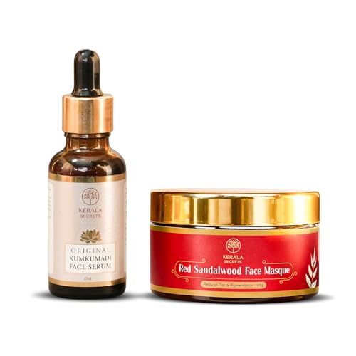 Image of Kumkumadi Face Serum 15 ML & Red Sandalwood Face Mask 50 Gram Combo | Ayurvedic Night Serum with Saffron, Manjistha & Sandalwood + Natural Clay Face Pack for Glowing & Clear-Looking Skin