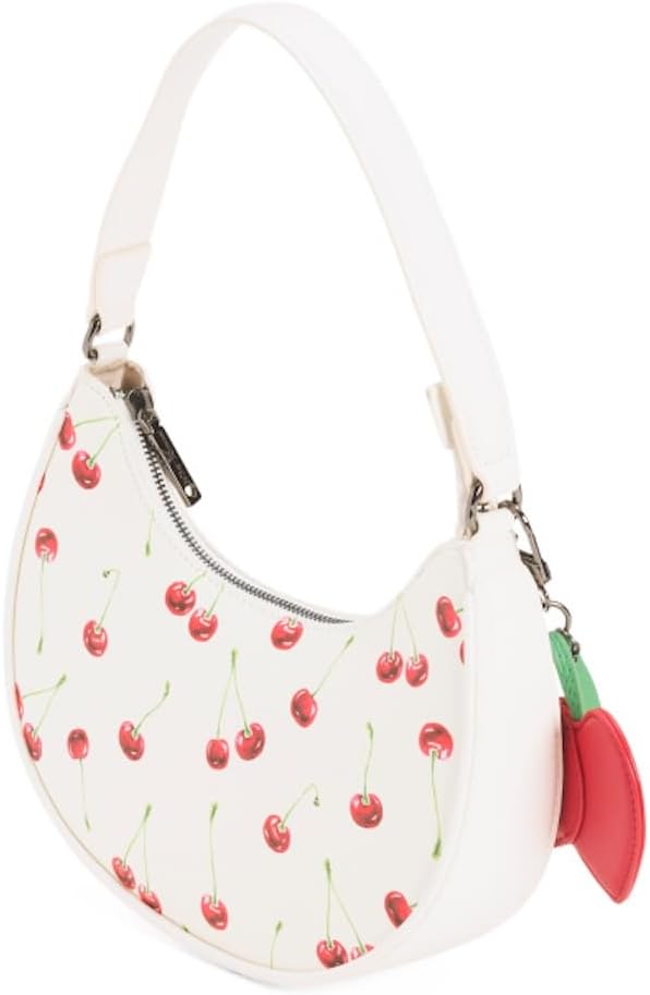 Betsey Johnson Cherry Print Hobo Handbag with Heart Charm, Crescent Shoulder Bag, 10x6x3 Inches