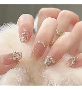 Almond Press on Nails Short Square Pearl Fake Nails Nude Pink Full Cover Stick on Nails French Fa...