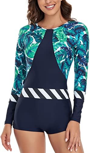 swimall Women Boy Short Long Sleeve Swimsuits One Piece Rash Guard Bathing Suit Swimwear UPF 50+(Green Leaves, Large(8-10))