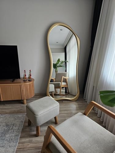 Image of Full Length Floor Mirror with Gold Frame, Modern Curved Design, Standing Wall Mount, Large Decorative Mirror for Bedroom, Living Room || Without Mirror|| 60x30 Inches ||