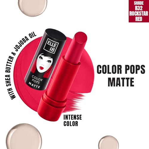 Image of Elle 18 Color Pops Matte Lipstick, Rockstar Red, Moisturising Bullet Matte, with Vitamin E, Highly Pigmented, Infused with Jojoba Oil and Shea Butter | 4.3 g (Pack of 2)