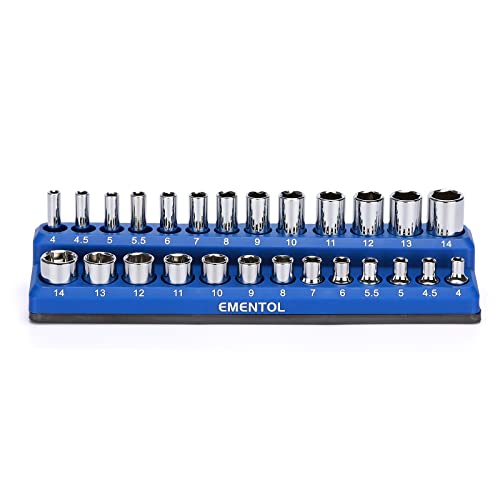 Ementol 1/4" Metric Magnetic Socket Organizer -Blue, Holds 13 Standard (Shallow) And 13 Deep Sockets, Magnetic Socket Holder For Toolboxes #TOP1