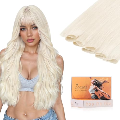 Image of DOORES Genius Sew in Weft Hair Extensions, Pearl Blonde 22 Inch 60g Invisible Sew in Hair Extensions Hand Tied Remy Natural Looking