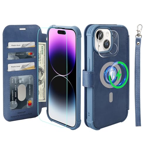VANAVAGY Compatible for iPhone 15 Plus/iPhone 14 Plus Wallet Case for Magsafe Wireless Charging,Leather Flip[Glass Screen Protectors & Camera Lens Protectors] with RFID Block Card Holder,Blue