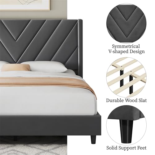 Yaheetech Queen Bed Frame Upholstered Platform Bed with Wing Side/Wooden Slat Support/Tufted Headboard with Wing Side/Mattress Foundation/No Box Spring Needed,Deep Gray Queen Bed