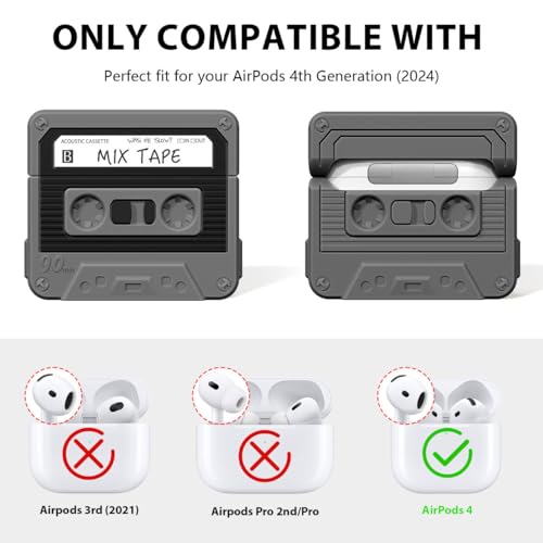Image of KOREDA Compatible with AirPods 4 Case Cover, Funny Cassette Tape Design Case for Airpods 4th Generation 2024, Cute Cartoon Fashion Silicone Protective Case for Women Men (Black)