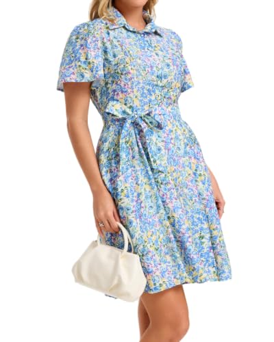 Image of Women Long Sleeve Spring Button Down A-Line Floral Print Summer Cocktail Shirt Dresses with Belt