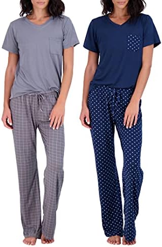 Real Essentials Women’s Pajama Sets Ladies Short Sleeve V-Neck Tops Pants Bottoms Bamboo Pijama Mujer comfy Soft PJ fashion Sleepwear Lightweight Sleep Lounge Night Wear, Set 6, XXL, Pack of 2