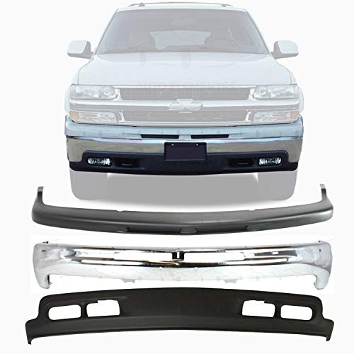 New Front Bumper Chrome Steel + Upper Cover Primed + Lower Valance Primed For 1999-2002 Chevy Silverado 1500/2000-2006 Chevrolet Tahoe Suburban 1500 Direct Replacement 12336026 15005294