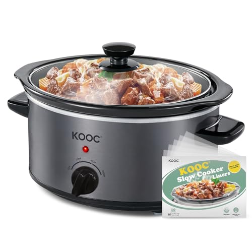 KOOC 4 Quart Slow Cooker Free Liners Included for Easy Clean up 3 Temperature Settings Dishwasher Safe Crock Stainless Steel GREY Ellipse