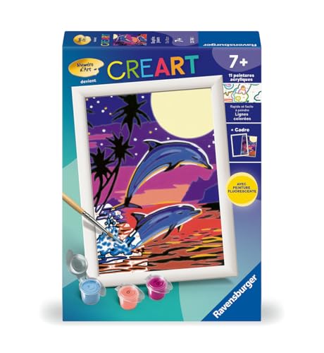 Ravensburger - CreArt Kids 13x18 cm - Numéro d'art - Dauphins Joueurs - dès 7 Ans - Kit de Peinture par numéros - avec Peinture phosphorescente - 25746