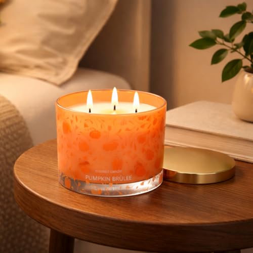 Image of Pumpkin Brulee 3-Wick Scented Large Glass Jar Candle with Golden Metal Lid | Reusable Printed Jar, 5 x 3.4 inch | 34 Hour Burn Time, 15 oz (425 g) | Home Decor & Gifting
