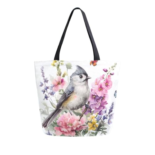 Extra Large Shoulder Tote Bag for Beach Travel Weekender Gym Watercolor Pink Flowers Butterfly Bird Reusable Grocery Canvas Shopping Bag2