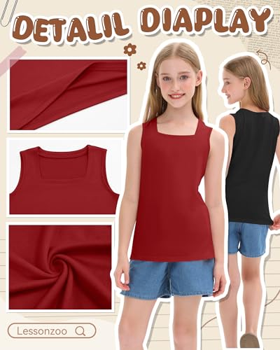 Image of 3 Pack Girls Square Neck Tank Tops | Basic, Sleeveless T-Shirts, Casual Summer Tanks, Kids Undershirts, School, Size 5-14 Years, Comfy, Elasticity