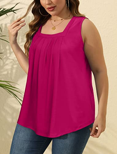 Image of Saloogoe Summer Tank Tops for Women Loose Fit Pleated Square Neck Sleeveless Tops Curved Hem Flowy