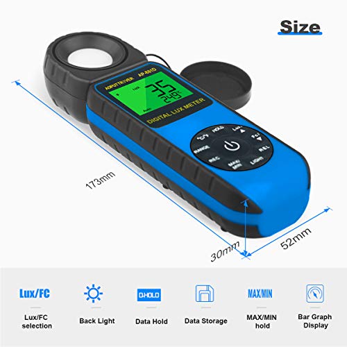 Light Meter AP-881D Digital Illuminance Meter Ambient Temperature Measurer with Range up to 400,000 Lux Luxmeter,Rotatable Head for 270 Degrees,Display 3999,Data Hold,Back Light (Blue)