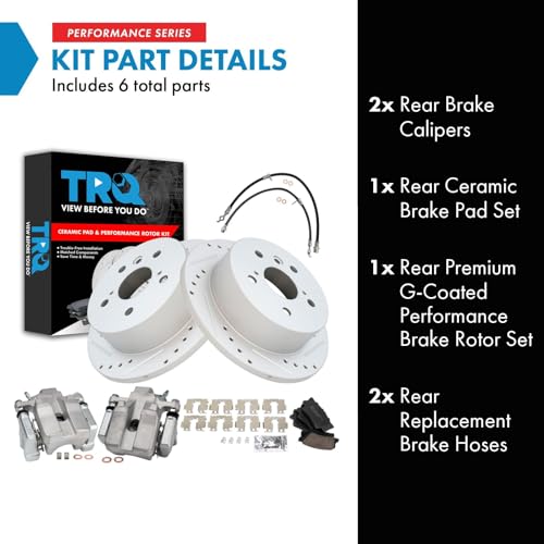 Image of TRQ Performance Rear Brake Pad and Rotor Set Ceramic Slotted Drilled Coated Calipers Compatible with 2007-2012 Lexus ES350 2008-2012 Toyota Avalon 2007-2011 Camry