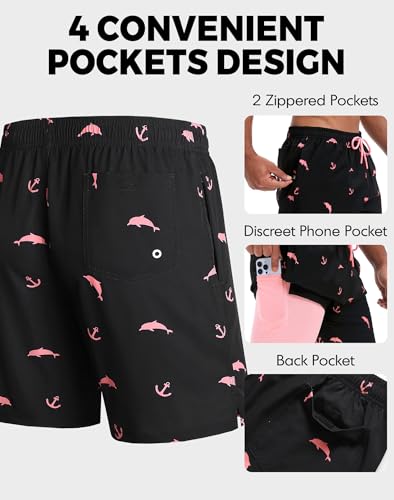 TODWARM Men 7" Swim Trunks with Compression Liner,2 in 1 Bathing Suits for Men Quick Dry No See-Through Board Shorts for Swimming, Summer Vacation Pink Dolphin-L — view 5