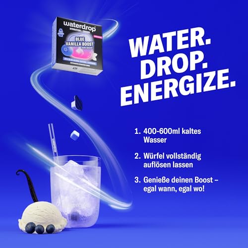waterdrop® Microenergy Blue Vanilla – 36 Waterdrop Drops Würfel mit 90mg natürlichem Koffein – Energy Drink Getränkepulver zuckerfrei & kalorienarm - koffeinhaltiger Energie-Booster mit Vitamin C & B 5