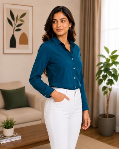 Image of FUNDAY FASHION Women Solid Regular Fit V Collered Casual Shirt