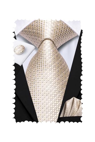 Hi-Tie Mens Plaid Ties Classic Paisley Necktie with Handkerchief Cufflinks Set Business Stripe Tie Champagne Dot