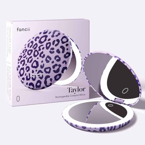 Image of Fancii Taylor LED Lighted Travel Makeup Mirror, Rechargeable, 10x /1x Magnifying, Tru-Glow Lighting System, XL Large 5 inch Wide | Compact Mirror for Purses (Cheetah Crush)