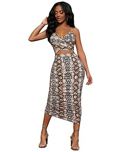 SheIn Women s Sleeveless V Neck Crisscross Halter Backless Midi Ruched Bodycon Dresses Snakeskin Small