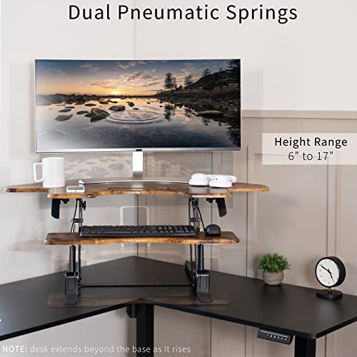 Image of VIVO Rustic Vintage Brown 43 inch Corner Desk Converter, DESK-V000VCN | Large, Height Adjustable, Stand Up Desk Riser, Wide Keyboard Tray, Dual Monitor and Laptop Workstation, Black Frame, V Series