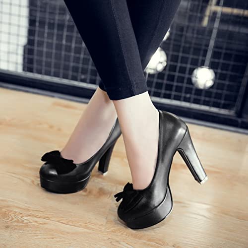 HuangTaiJi Qing Women's Cute Bow-Knot Platform High Heeled Pumps, Sweet Round Toe Slip on Dress Shoes for Party4