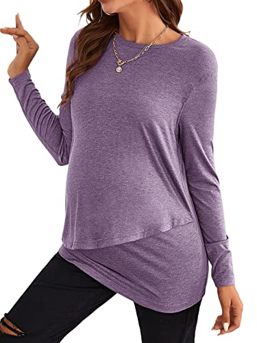 Verdusa Women's Maternity Nursing Top Long Sleeve Round Neck T Shirt Purple S #TOP16