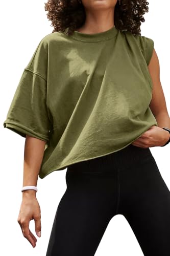 Image of HUGOOME Womens Oversized Workout Crop Top Casual Short Sleeve Boxy Roll Hem
