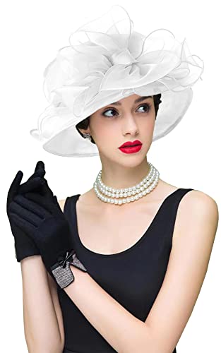 RZTA Womens Kentucky Derby Church Dress Hat Wide Brim Leaf Flower Bridal Shower Hat S8-White