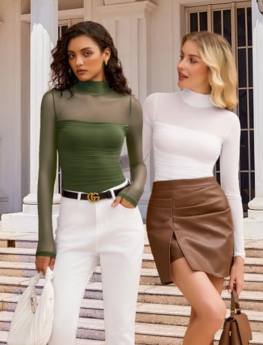 Image of Avidlove Women Long Sleeve Bodysuit Turtle Neck Shapewear Body Suits Mesh One Piece Leotard Shirt Going Out Tops Fall Outfits