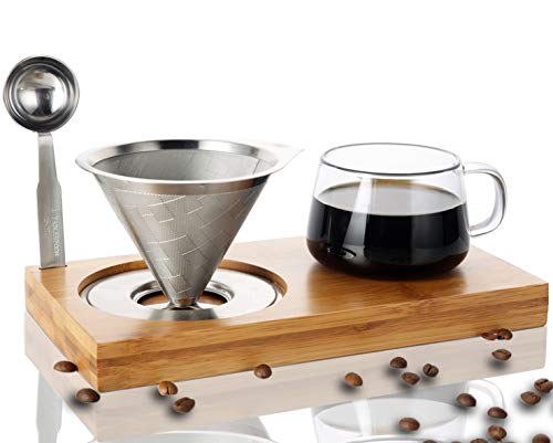 Pour Over Coffee Dripper Set Include Stainless Steel Paperless Reusable Filters, 8 Ounce Glass Cup, Spoon and Bamboo Base, Portable Single Cup Coffee Maker for Home Office - Gift-ready Package