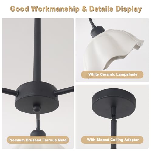Image of 3 Light Mid Century Chandelier Fixture with White Ceramic Shade Contemporary Black Ceiling Pendant Light Semi Flush Mount Chandelier for Kitchens Living Room
