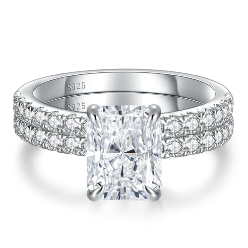 3CT Moissanite Engagement Rings Set for Women Radiant Cut Promise Ring for Her White Gold Plated Silver Bridal Band Anniversary